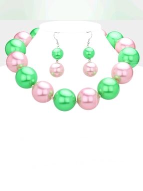 Chunky Green Pink Pearl Necklace Set Simple Jewelry Round Casual Women